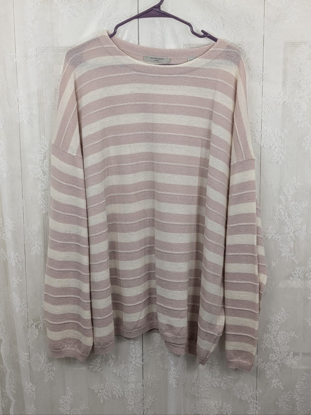 AllSaints: Cassia Jumper Striped Boat Neck Sweater - Pink/ White - Size Large